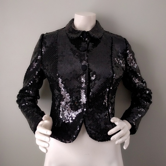 Vintage 1990s Giorgio Armani Black Sequin Tuxedo Cropped Blazer S - Picture 1 of 6
